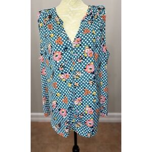 ModCloth Women 2X Top Blue Polka Dot Floral Sleeveless V-Neck Retro Lightweight